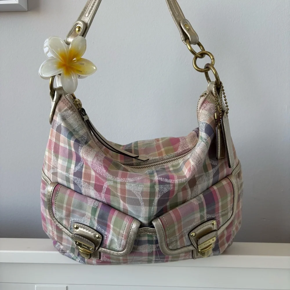 SOLD Coach Poppy Pink Pastel Plaid Shoulder Bag with Gold Hardware - Picture 2 of 11